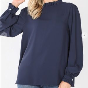 Navy Blue Ruffle Blouse with Pearl Accents